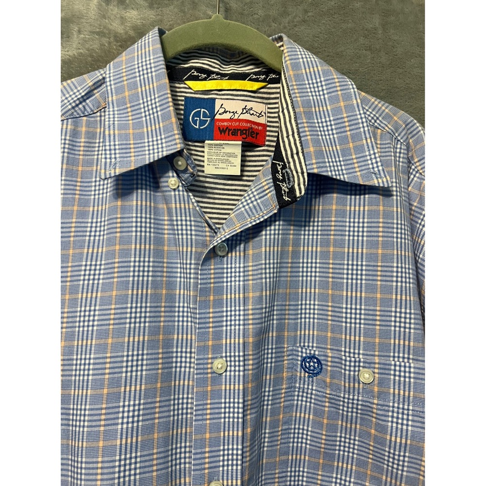 George Strait Wrangler Plaid Western Shirt Blue Tan Pearl Snap Style XL Cotton - Picture 2 of 6
